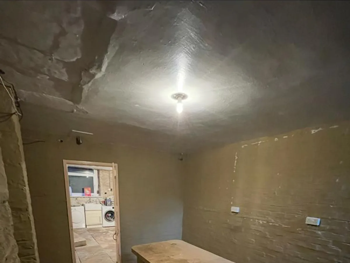 Bare Bingley cellar room with unfinished walls and a single ceiling light before conversion