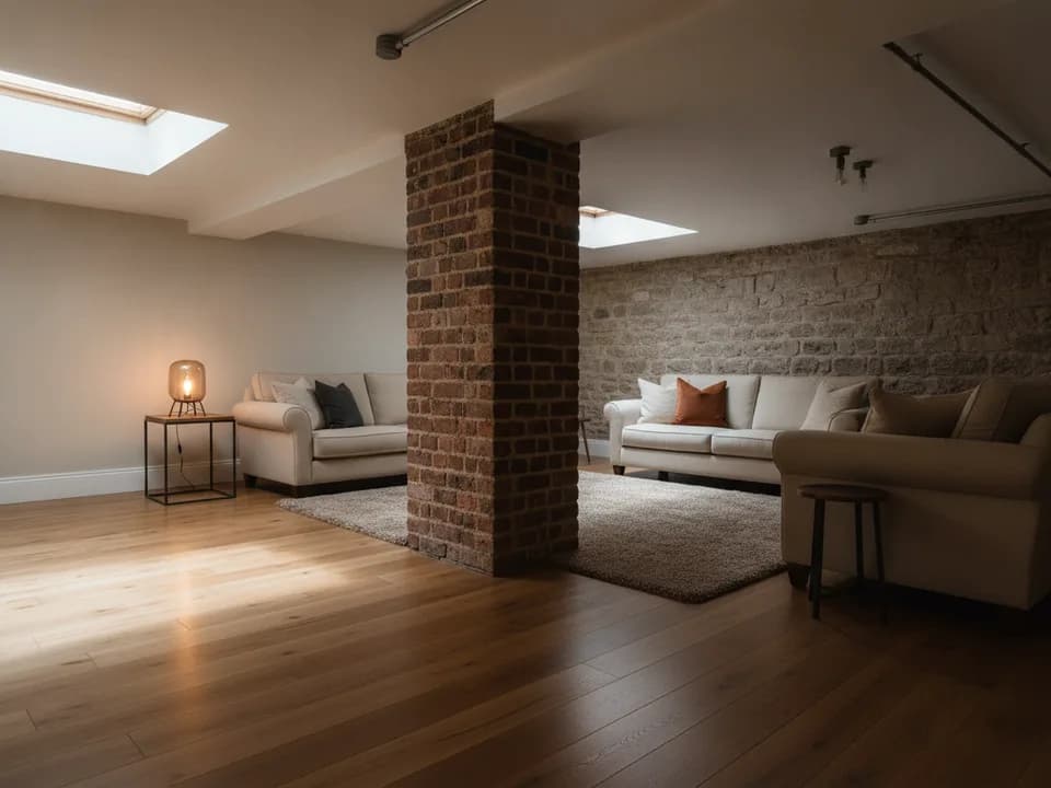 Open-plan finished basement family room in an Edwardian villa with exposed brick pier