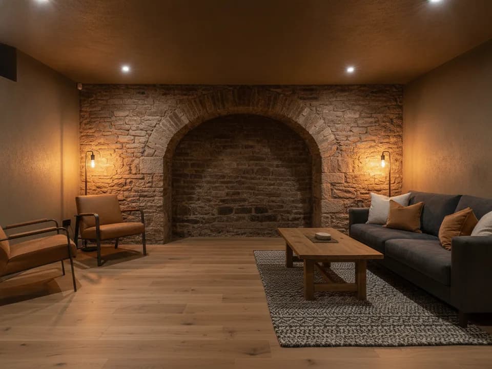 Cosy converted cellar snug with exposed stone arch feature wall and warm lighting