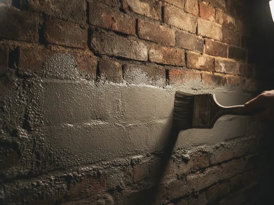 Slurry tanking coat being brushed onto an old masonry cellar wall