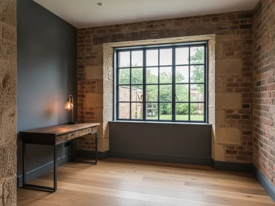 Garage converted into a bright home office with a new window where the garage door was