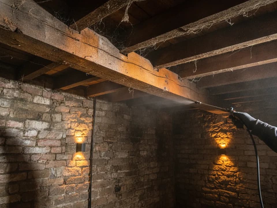 Structural timber joists above a cellar being treated with preservative spray